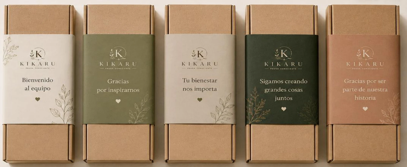 Ejemplos del brochure: cajas kraft con bandas de papel y mensajes para distintas ocasiones