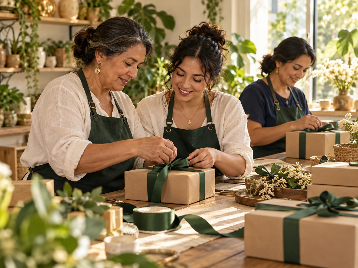 Escena de ambientación: mujeres colaborando y compartiendo su talento en un taller de regalos
