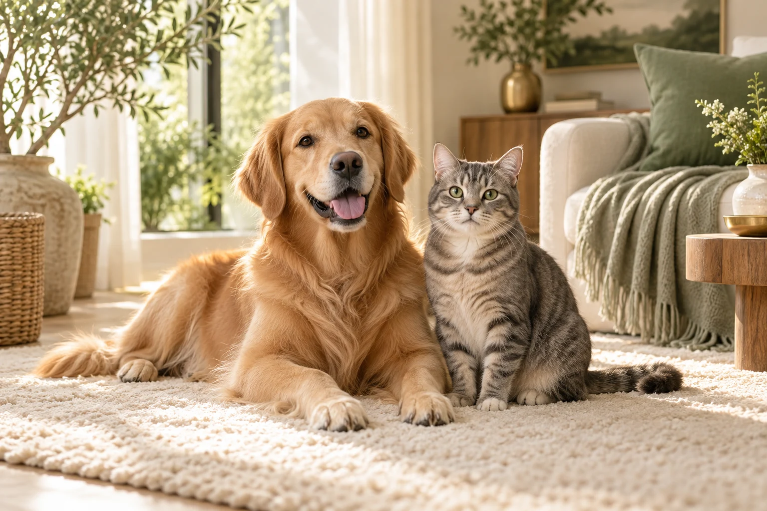 Un perro y un gato en un ambiente cálido y tranquilo, imagen de ambientación para KIKARU Pets
