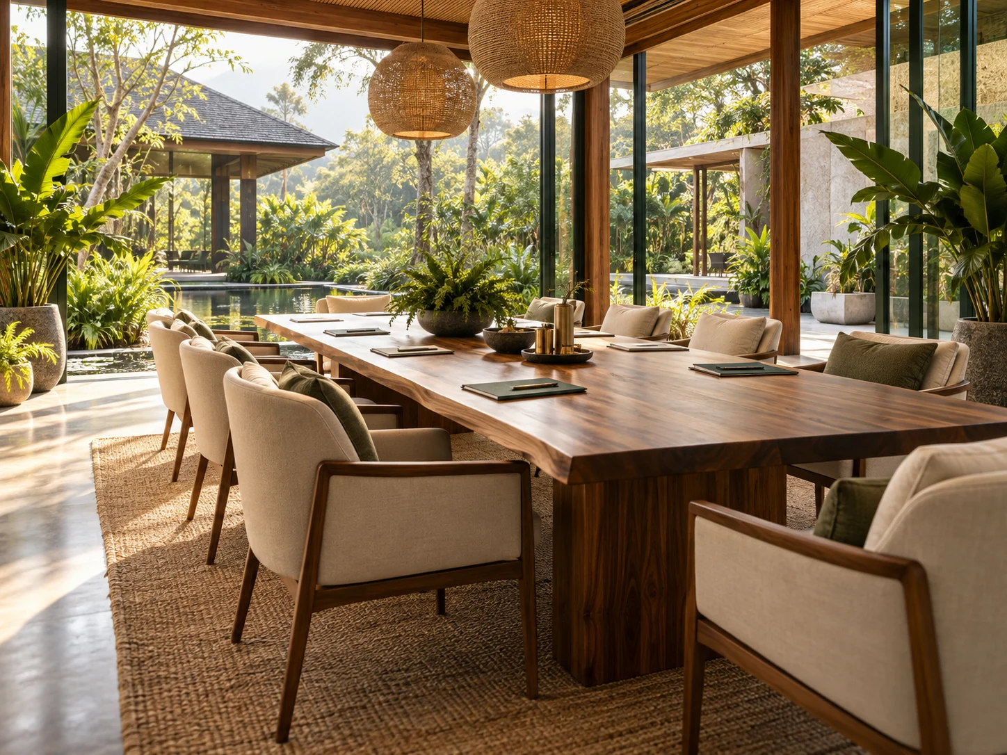 Espacio de referencia para un retiro empresarial: luz natural, jardín y una mesa de encuentro
